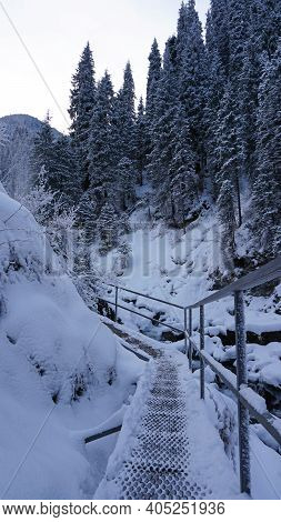 First-person View Of A Metal Bridge In The Forest. I Walk Across A Bridge In A Snowy Gorge, Among Wh