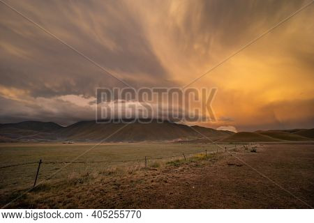 landscape near Castelluccio village in National Park Monte Sibillini, Umbria region, Italy