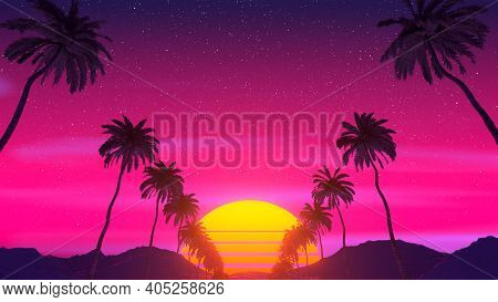 Retrowave Tropical Landscape. Palms, Mountains And Sun.