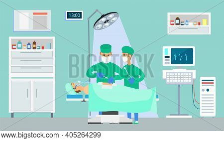 Two Surgeons Or Physicians Holding Scalpels Performing Surgical Operation On Lying Patient In A Ster