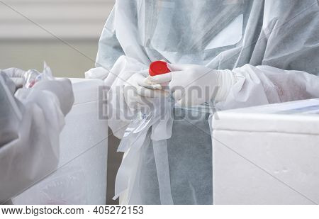 Focus At Health Worker's Hand Is Collecting Sputum And Saliva Samples To Detect Covid-19 Infectious 