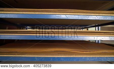 Shelves With Material For Furniture Production. Wood For The Manufacture And Construction Of Furnitu