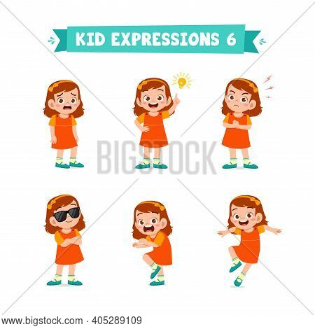 Cute Little Kid Girl In Various Expressions And Gesture Set