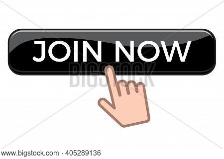 Hand Clicking Join Us Button Isolated On White Background. Flat Vector Illustration