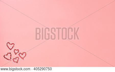 Red Heart With Sparkles On Pink Background. Banner. Valentines Day, International Womens Day