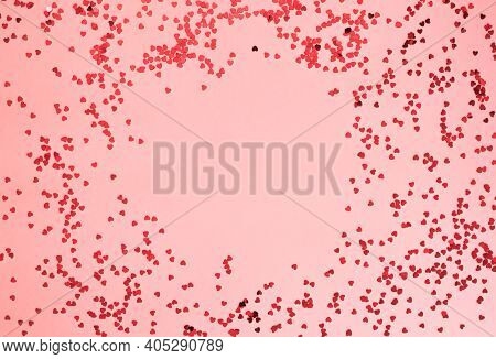 Place For Text Made Of Red Sparkles In The Shape Of A Circle On Pink Background. Happy Valentines Da