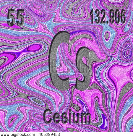 Cesium Chemical Element, Sign With Atomic Number And Atomic Weight, Purple Background, Periodic Tabl