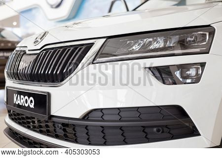 Russia, Izhevsk - September 25, 2020: Skoda Showroom. New Modern Karoq Car With Elegant Head Lamps. 