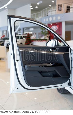 Russia, Izhevsk - December 28, 2020: Kia Showroom. Details Of Car Door New K5. Famous World Brand. M