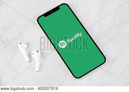 Antalya, Turkey - January 25, 2021. Iphone Smart  Phone Screen Showing Spotify Logo. Covid-19 Corona