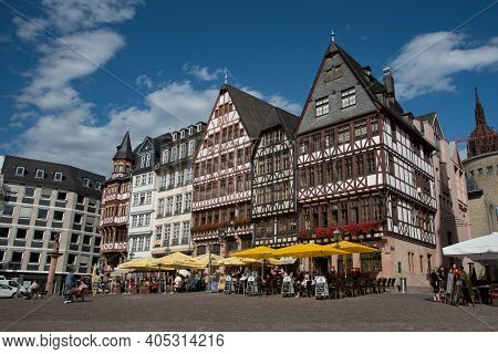 Frankfurt, Germany , September 3 2015: Famous Historical Landmark Of Romerberg Square With Tourist P
