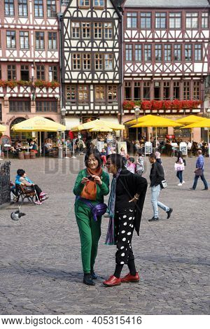 Frankfurt, Germany, September 3 2015: Tourist Chinese People Taking Photos At The Famous Historical 