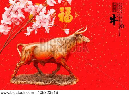 Tradition Chinese 2021 is year of the ox,Chinese characters on rightside wording and seal mean:Chinese calendar for the year of the ox.leftside  translation:good bless for new year.