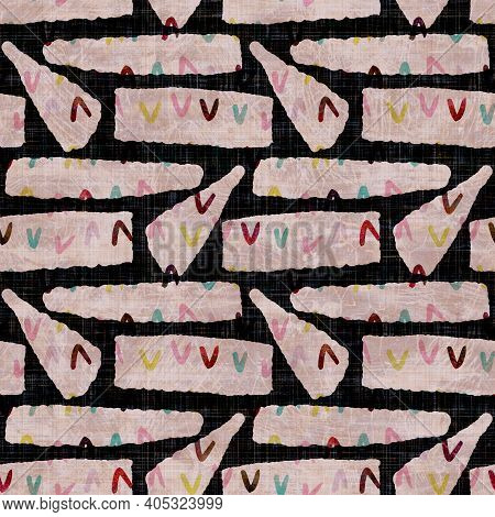Seamless Dark Geometric Block Print Background. Boho Ethnic Soft Furnishing Fabric Style. Tie Dye Pa