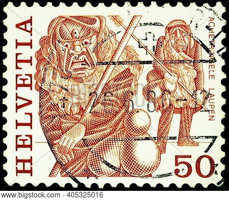Moscow, Russia - January 20, 2021: Stamp Printed In Switzerland Shows Achetringele, Laupen, Series F
