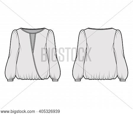 Surplice Blouse Technical Fashion Illustration With Bouffant Long Sleeves, Gathered Hem, Wide Wrap S