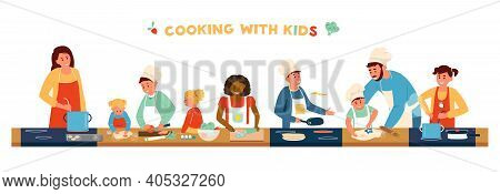 Cooking With Children Horizontal Banner. Different Age And Race Children In Aprons And Chef Hat Cook