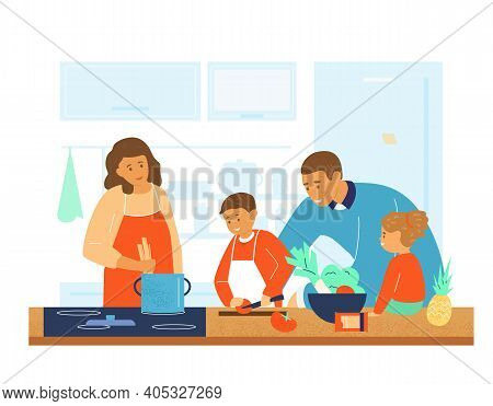 Happy Family Cooking Together In The Kitchen. Parents Teaching Kids To Cook. Flat Vector Illustratio