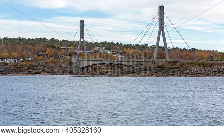 Hvaler, Norway - October 27, 2016: Hvalerporten Suspension Road Bridge To Hvaler Island, Norway.