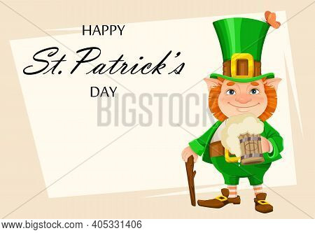 Stock Vector Leprechaun. Happy St Patrick's Day Greeting Card. Cheerful Leprechaun Cartoon Character