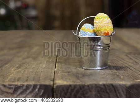 Easter Eggs. Happy Easter Card. Multicolored Easter Eggs. Easter. Easter Eggs On A White Wooden Back