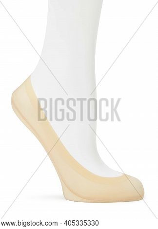 Beige Color Short Mini Socks Mockup For Design Isolated On White Background. Set Of Short Socks For 