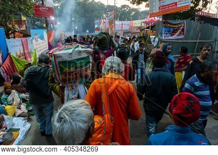Kolkata, West Bengal, India - 12th January 2020 : Hindu Sadhu In Safron Dress Walking In Gagasagar T