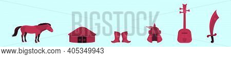 Set Of Mongolian Item Cartoon Icon Design Template With Various Models. Modern Vector Illustration I