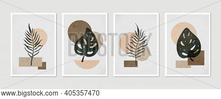 Botanical Wall Art Set. Minimal And Natural Wall Art. Boho Foliage Line Art Drawing With Abstract Sh