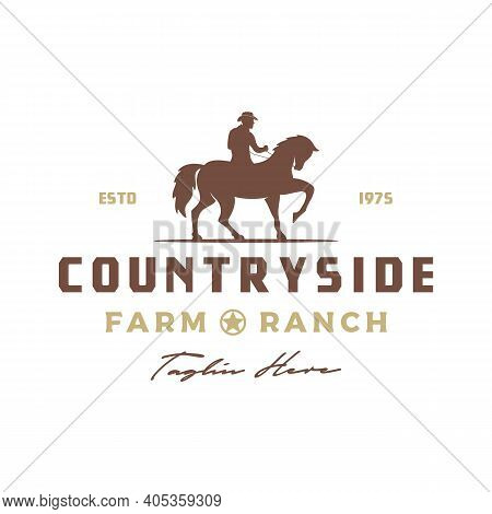 Vintage Retro Cowboy Riding Horse Silhouette Logo Design Illustration