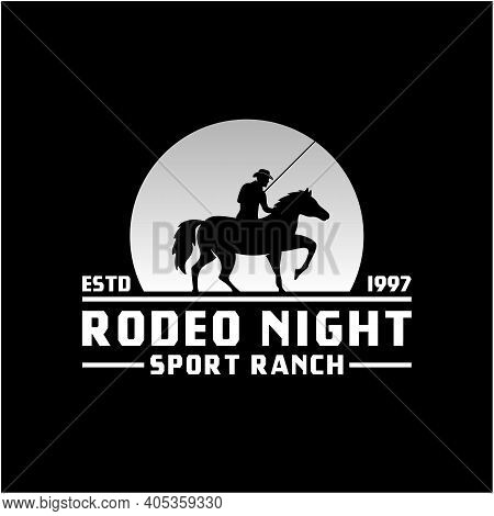 Cowboy Riding Horse Silhouette At Night / Moon Or Sun Set Sun Logo Design Illustration
