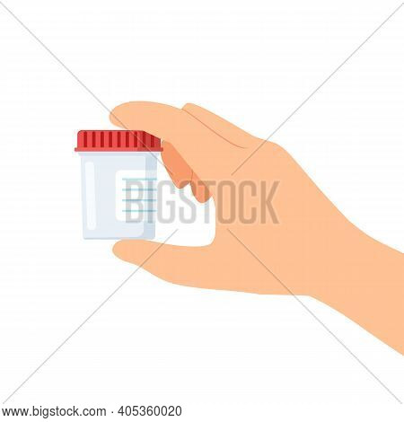 Hand Holding Empty Urine Plastic Container On White Background. Vector Illustration In Flat Style