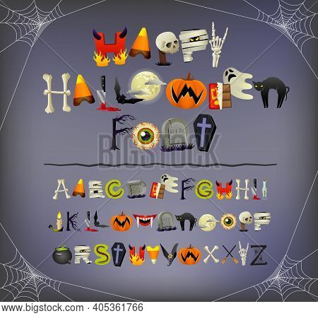 Halloween Font Alphabet Illustrated With Halloween Icons And Theme Elements Such As Pumpkins, Skelet