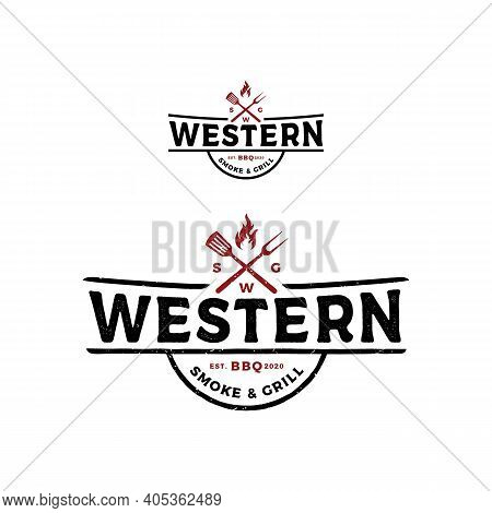 Vintage Grill Barbeque Barbecue Bbq With Crossed Fork And Fire Flame Label Stamp Logo Design Vector