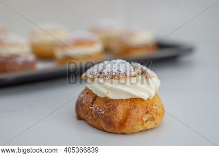 Traditional Home Made Swedish Semlor Pastry On A Table