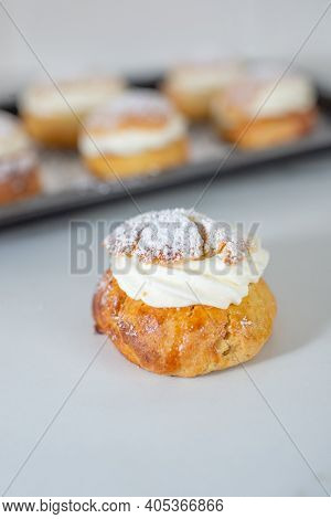 Traditional Home Made Swedish Semlor Pastry On A Table