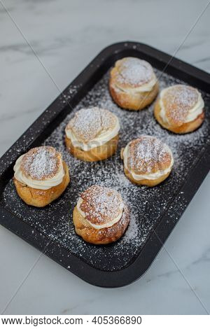 Traditional Home Made Swedish Semlor Pastry On A Table