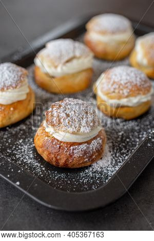 Traditional Home Made Swedish Semlor Pastry On A Table