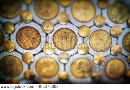 Gold Coins Collectibles Background Copy Space Texture With Grainy And Vintage Vignette Effect