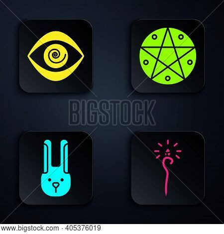 Set Magic Staff, Hypnosis, Rabbit With Ears And Pentagram In A Circle. Black Square Button. Vector