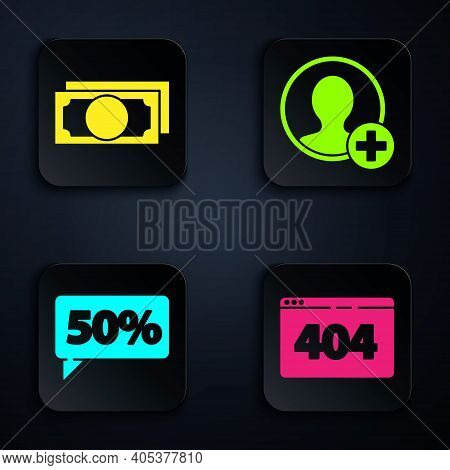 Set Page With A 404 Error, Stacks Paper Money Cash, Fifty Discount Percent Tag And Create Account Sc
