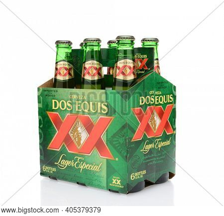 IRVINE, CA - MAY 25, 2014: A three quarters view of a 6 pack of Dos Equis Lager Especial. 