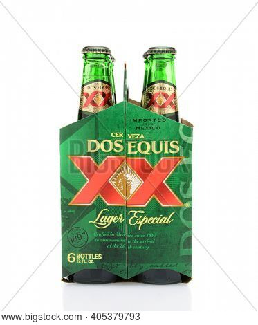 IRVINE, CA - MAY 25, 2014: 6 pack of Dos Equis Lager Especial end view. Founded in 1890 from the Cuauhtemoc-Moctezuma Brewery in Monterrey, Mexico a subsidary of Heineken International.