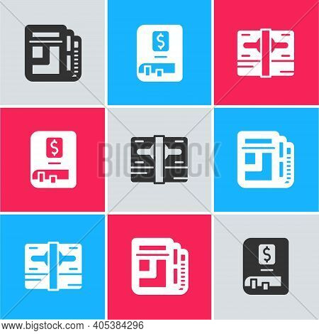 Set Stock Market News, Financial Book And Stacks Paper Money Cash Icon. Vector