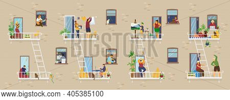 Social Distancing Concept.people In Windows And Balconies At Home Doing Different Activities: Exerci