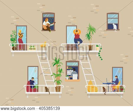 House Exterior With People In Windows And Balconies Staying At Home And Doing Different Activities: 