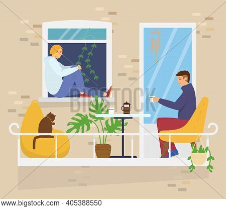 Homosexual Couple On Cozy Balcony With Coffe Table, Cat And Plants. Home Activities. House Exterior.