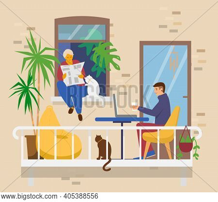 Family On Balcony. Man Works At Laptop, Woman's Sitting On Widowsill With Cat And Reads Paper. Cozy 