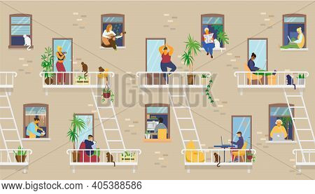 House Exterior With People In Windows And Balconies Staying At Home And Doing Different Activities: 