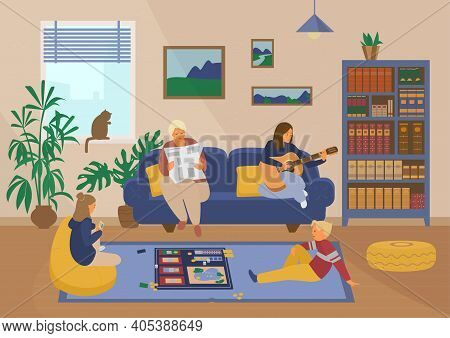 Family At Home. Children Playing Board Game, Grandmather Reading Newspaper, Mother Playing Guitar. L